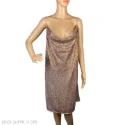 Asos Gold Sequin Cowl Neck Sleeveless Embroidered Open Back Dress Size Tall 14