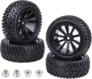 4-Pack 2.99 inch / 76mm Rubber 1:10 RC Car Tires & Wheel Rims Foam Inserts M4 Nut 12mm Hex Hub