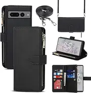 Cavor for Google Pixel 7 Pro Case 6.7 inch PU Leather Folio Flip Wallet Back Cover Magnetic Case with Long Shoulder Lanyard Zipper Coin Purse 9 Card Holder Kickstand Wristlet Strap-Black