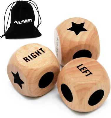 3Pcs Left Right Center Game Dice 1 Inch Beech Wood Dices with Drawstring Bag (3
