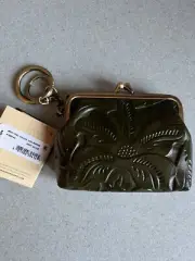 Patricia Nash Large Borse Leather Coin Purse with Key Ring Soft Olive NWT