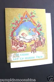 #E273- Vintage Unused Brownie Xmas Greeting Card Gold Embossed Manger Scene