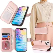 Cavor for iPhone 15 Plus Case Crossbody Wallet Flip Folio Magnetic Kickstand Cover Cowhide Pattern PU Leather Purse Card Slots Holder with Detachable Shoulder Necklace Strap-Long Lanyard Rose