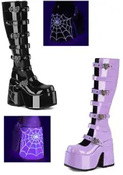 Pleaser Demonia 5" Chunky Heel, 3" Platform Open Front Knee High BT, Inside Zip