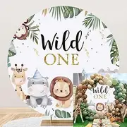 Leyiyi 6.5x6.5ft Wild One Round Backdrop Cover Jungle Safari Animals Circle Backdrop Stand Cover Tropical Leaves Forest Zoo Photography Background for Boys Birthday Party Baby Shower Cake Table Banner