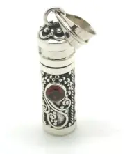 Sterling Silver Cylinder Prayer Box Pendant with Garnet Gemstone
