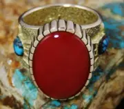 Darryl Dean Begay 18K Oxblood Coral and Candelaria Spiderweb Turquoise Ring