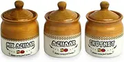Old Martaban' Ceramic Pickle Jars for Dining Table Container with Lid (Non Air-Tight, Set of 3, 280 ml) |Ceramic Jars for Kitchen Storage Pickle Jar for Storage Chutney Jar Achar Barni