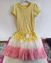NWT Mini Boden Girls Midi Dip Dye Skirt Pointelle Top Yellow Pink Size 9-10