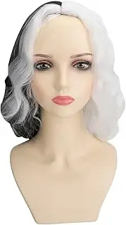 Black White Short Wavy Wig,Heat Resistant Curly 15 Inch Shoulder Length Wig for Cosplay Party, Wig for Women