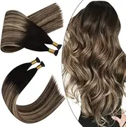 Ugeat 22Inch I Tip Hair Extensions #1B/4/27 I Tip Hair Extensions Human Hair Balayage Off Black to Brown Mixed with Blonde Remy Hair Extensions 40Gram/Pack 0.8G/S Heat Fusion I Tip Keratin Extension