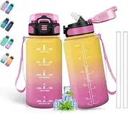 Children's Drinking Bottle, 500 ml Drinking Bottle, Drinking Bottle with Straw, Can Be Carried, Leak-Proof, Girls' Water Bottle with Time Marking, for School, Running, Camping, Yellow/Pink