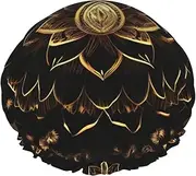 Gold Lotus Flowers Print Various Activities Shower Cap Reusable Soft And Lightweight Bath Hair Cap Long Hair