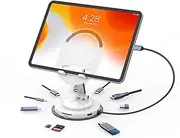 HC Universal Docking Station, Compatible with iPad Mini Air Pro 11 inch Galaxy Tab iPhone, 360°Swivel 10-in-1 USB Hub Adjustable iPad Stand 4K HDMI USB 3.0 PD 100W 3.5mm Audio SD/TF Card Reader White