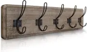 Weathered Rustic Coat Rack Wall Mount with 5 Hooks, Solid Pine Wood 24 Inch Wall