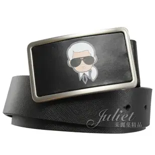 【全新現貨 補12個】茱麗葉精品 KARL LAGERFELD 金屬銀釦老佛爺公仔圖案素面皮帶.黑現金價$2,680