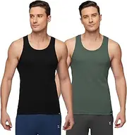 [XYXX] Men's Nova Super Combed Cotton Regular Fit Solid Round Neck Ribbed Vest (Pack of 2), Black+Olive, M