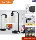 Set of 2 Industrial Bedside Lamps with USB & AC Outlet - Dimmable Touch Control