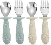 PandaEar 4 Set Baby Toddler Silicone Stainless Steel Utensils Silverware Spoon Fork for Baby Toddler BPA Free with Silicone Holding Anti-Choke Design (Morandi Green & Milky White)