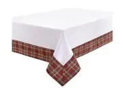 Waterford HIGHLAND $99 Christmas White Red Plaid Metalic Gold Tablecloth 70x84"