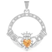 Citrine Diamond Claddagh Pendant In 14k Solid Gold