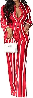 [Remelon] Women’s Casual Two Piece Outfits Striped Long Sleeve Collar Button Down Shirt Blouse High Waist Wide Leg Pants Sets