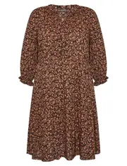 AUTOGRAPH - Plus Size - Womens Midi Dress - Brown - Winter Floral Shift Dresses - Ditzy - Floral Print - Tiered - Women's Clothing