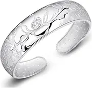 [HEYONA] Women Jewelry 925 Silver Sterling Bracelet Fashion Cuff Bangle Chain Bracelets,Silver Plated Bracelet for Women Chinese Style Flower Engraving Charming Silver Bangle Silver Friendship Bracelets