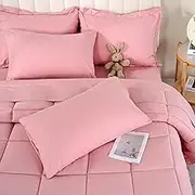 DOWNCOOL Queen Comforter Set, 7 Pieces Bedding Sets Queen Pink, All Season Down Alternative Bed in a Bag Queen with Comforter, Flat Sheet, Fitted Sheet, 2 Pillow Shams & 2 Pillowcases