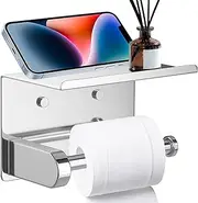Toilet Roll Holder with Phone Shelf, Rustproof Toilet Paper Holder Stainless Steel Wall Mount Self Adhesive Toilet Paper Holder,Toilet Tissue Holder by H HOME-MART (1 Pack)