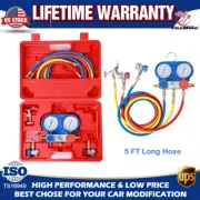 HVAC A/C Manifold Gauge Set 3 Color-coded 5FT Long Service Hose Fittings w/ Case