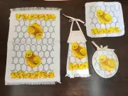 Set of 4 Vtg. White w/ Yellow Chicks Kitchen Towel Dish Cloth Hot Pads (EE89)