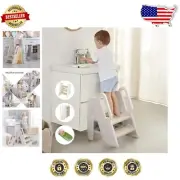 Versatile Khaki Kids Step Stool - Height Adjustable and Space-Saving Design