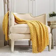CREVENT Knitted Decorative Throw Blanket for Couch Sofa Chair Bed，Soft Warm Cozy Light Weight for Spring Summer (127x152cm Mustard Yellow)
