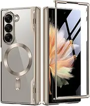 [BERFY] Upgraded Magnetic for Z Fold 6 Case, Compatible with Magsafe,[Built-in Screen Protector & Hinge Protection] Full-Body Plating Slim Phone Case for Samsung Galaxy Z Fold 6 5g 2024, Grayish Gold
