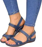 [OMIREL] Sandals for Women Summer Premium Orthopedic Open Toe Sandlas Casual Flat Arch Support Wedge Shoes Hook and Loop Sandal,Blue,US5/EU36