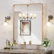 28”X36” Gold Bathroom Mirror, Rounded Rectangle Gold Frame Mirror, Brushed Gold