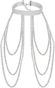 [Niaspi] Rhinestone Shoulder Chain for Women Birdal Wedding Statement Long Crystal Shoulder Harness Chain Layred Chunky Bezel Tassel Dangling Dainty Party Bikini Bra Accessories Jewelry, One Size, Metal, No