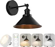 Indoor Wall Lamp Dimmable with Remote Control Wall Sconce USB Rechargeable Battery Powered Wall Light Rotatable Adjustable E27 with Bulb Wall Lighting Cordless for Living Room Hallway (Black,2 Packs)