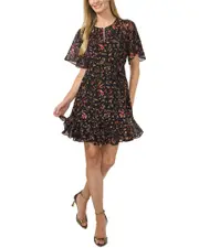 CeCe Raglan Flutter Sleeve Tie Waist Dress Black