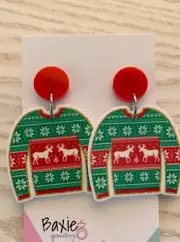 Christmas Dangle Earrings, Ugly Sweater Jumper, Xmas Pattern, Red Acrylic