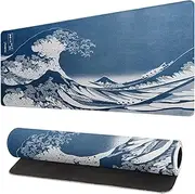 Gaming Laptop Mouse Pad, Sea Wave Big Desk Pads PC Keyboard Waterproof and Non-Slip 31.5 x 11.8 inches 3mm Thick XL, Extended Large Mouse Mat Desk Pad, Kanagawa Surfing and Blue