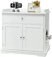 Costway Cat Litter Box Enclosure - Hidden Washroom Furniture With Drawer & 2 Doors, Indoor House Storage Cabinet, Nightstand (White)