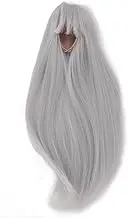 Doll Long Straight Wig with Bangs Realistic Straight Bang Synthetic Hair for 18 5 to 21cm Head Circumference Black for 1 4 Scale Dolls (Silver Grey White)