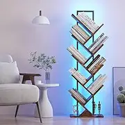 Qupui Tree Bookshelf with LED Lights, 9 Tier Floor Standing Bookcase, Classical Corner Bookshelf Kids Bookshelf, Tall Bookshelf, Wood Book Shelf for Bedroom, Living Room, Home Office, Brown