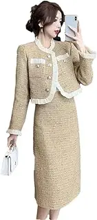 [Generic] Women Ruffles Patchwork Short Coat + Midi Skirt Tweed Suit Two Piece Sets