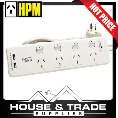HPM Powerboard 4 Socket Switched With 2x USB 4.8A & Surge Protection LA01480AAB
