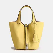 YellowYellow Cowhide Lychee Pattern Large Capacity Leather Tote Stylish Commuter Bucket Bag