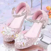 Girls Crystal Shoes Cinderella Princess Shoes Children's High Heels Glass Rhinestone Girls Shoes Pink 27