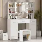 White Dressing Table Stool Make up Desk w/ LED Lighted Mirror Set Bedroom Vanity